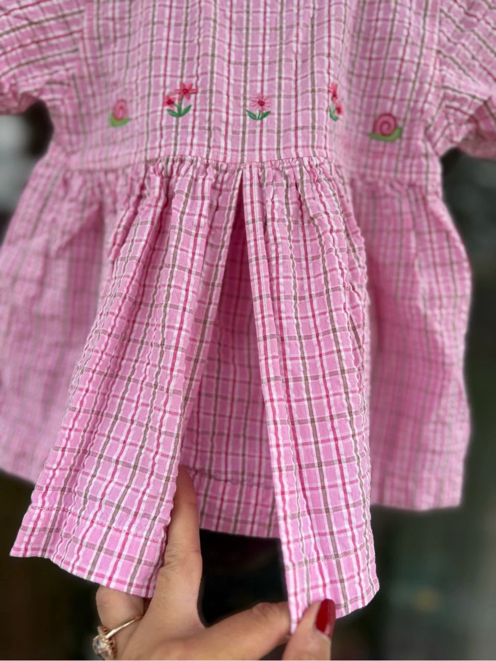 Vintage Oshkosh B’Gosh Girls Plaid Pink Slit Front Dress Floral Embroidered